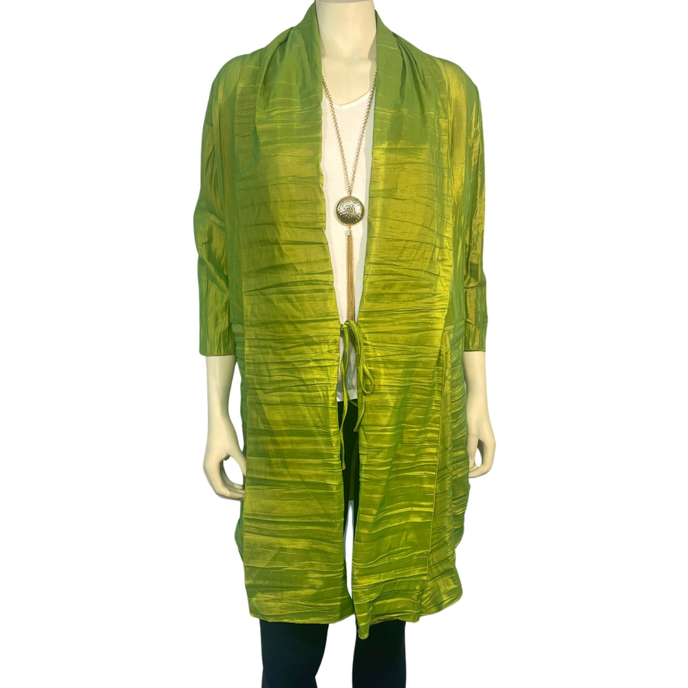 Puli Sz S Open Front Long Cardigan Jacket Shawl Collar Crinkle Rayon Chartreuse